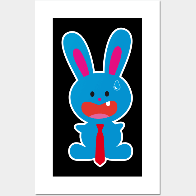 One Tooth Blue Office Rabbit With Tie In Panic Wall Art by HappyGiftArt